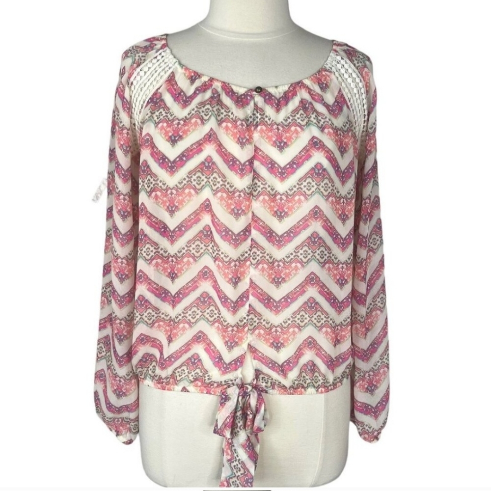 No Boundaries Relaxed Blouse Semi Sheer Pastel Long SleeveElastic Waist Med